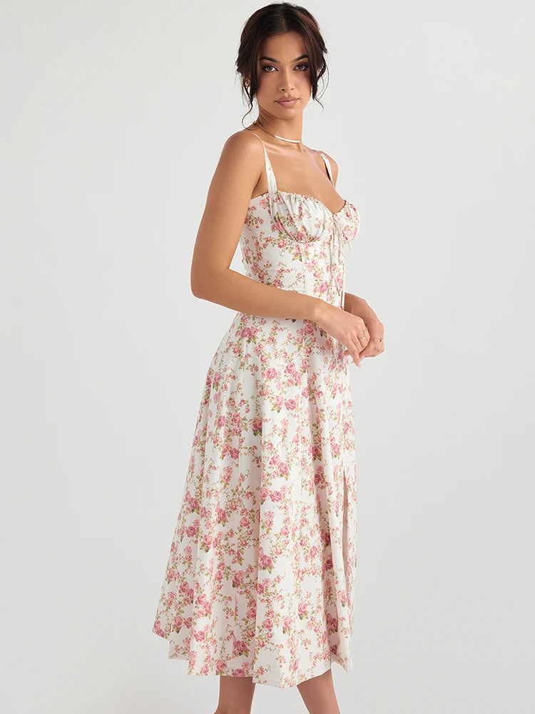 Vestido Feminino Midi Rosa Floral tecido leve moda origem