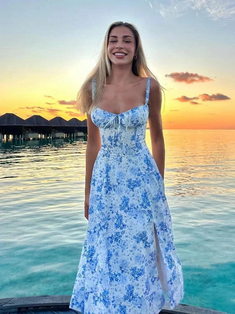 Vestido Feminino Midi Alça Larga Azul Floral moda origem