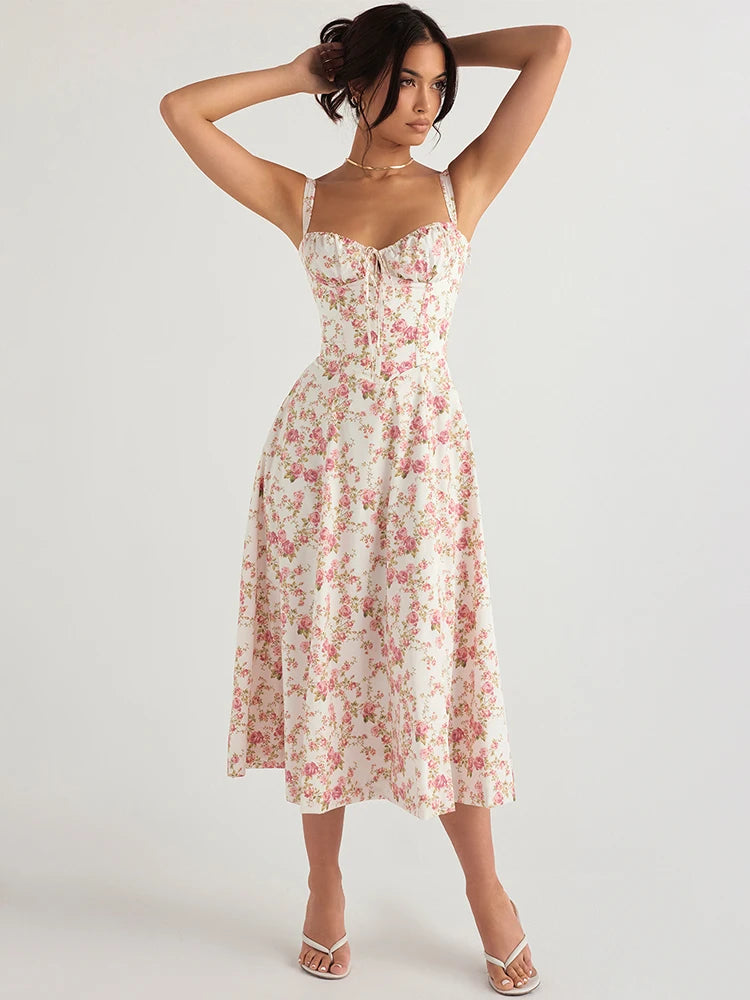 Vestido Feminino Midi delicado e decote com laço moda origem