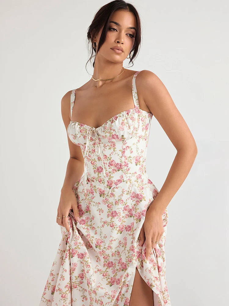 Vestido midi rosa floral com fenda e alça confortavel moda origem