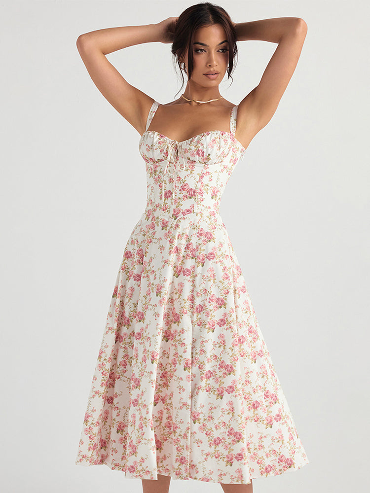 Vestido Feminino Midi Alça Larga Rosa Floral moda origem