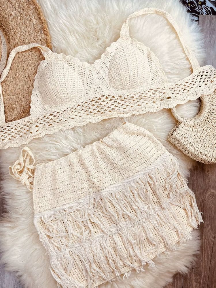 Conjunto de crochê bege – tendência verão 2025 – Moda Origem