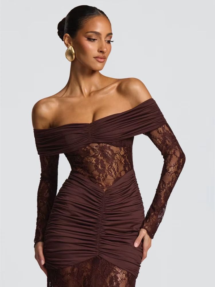 Manga com renda do vestido marrom de festa – Moda Origem