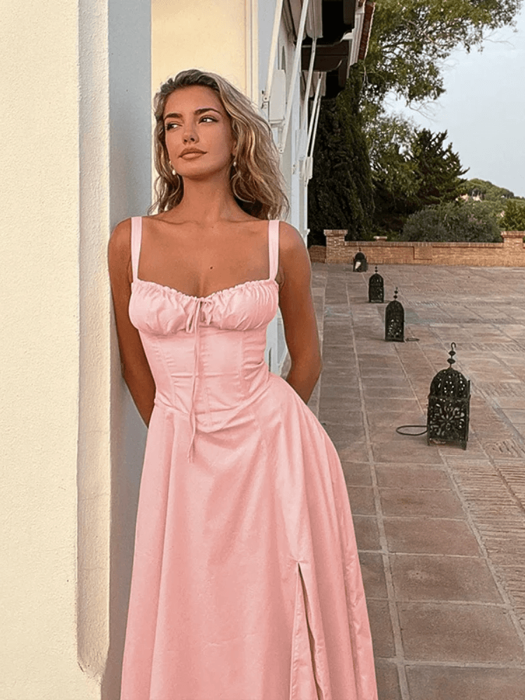 Vestido Feminino Midi Alça Larga Rosa moda origem