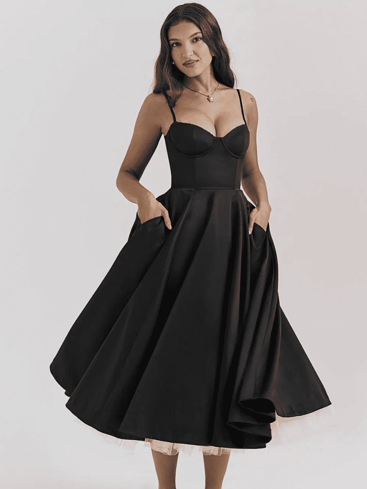 Vestido Midi Elegante preto de alcinha para formatura moda origem