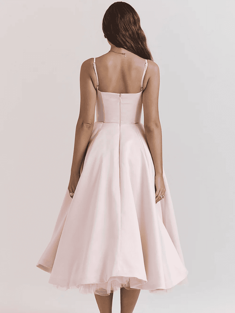 Vestido Midi Elegante de Alcinha Rosa ziper discreto moda origem