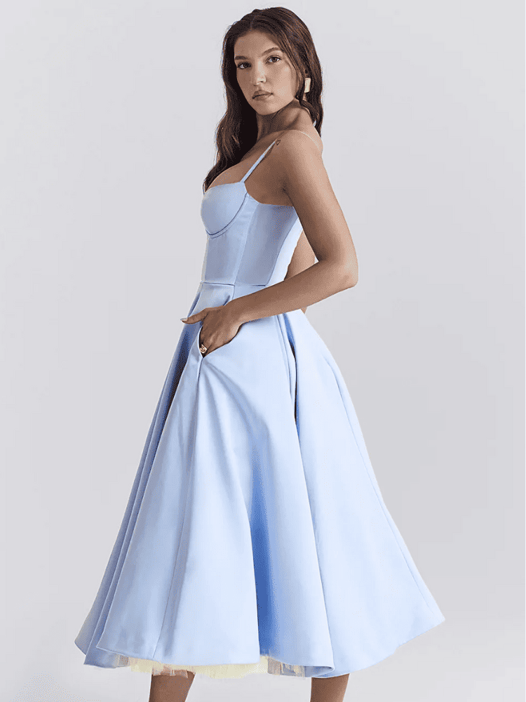 Vestido Midi Elegante azul modelador moda origem