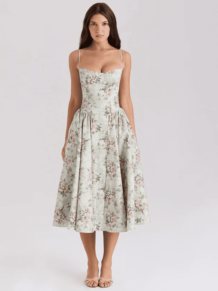 Vestido Midi Elegante Floral Alça Verde