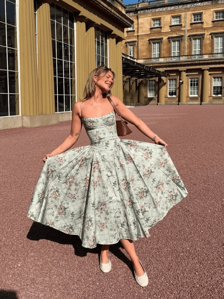 Vestido Midi Elegante Floral Alça Verde