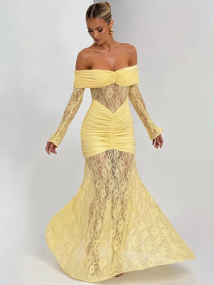 Saia rendada do vestido amarelo de festa longo – Moda Origem