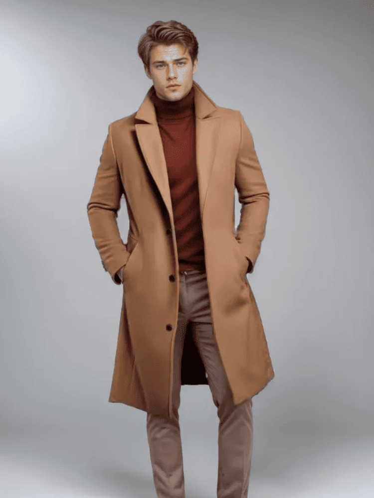 Sobretudo longo masculino de lã marrom para inverno – Moda Origem