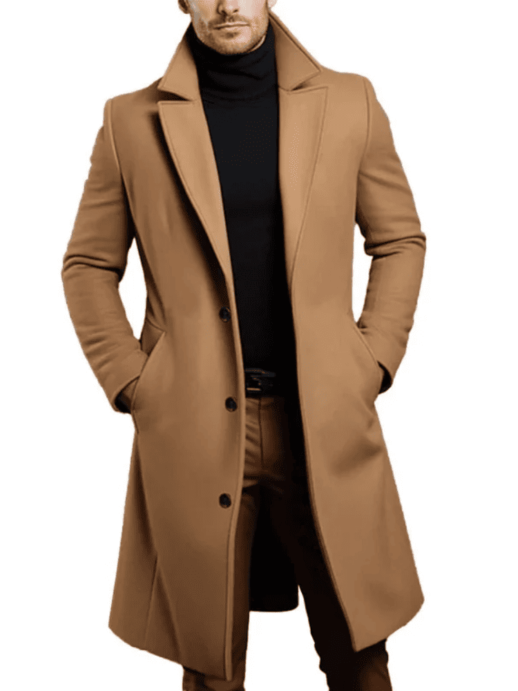 Sobretudo longo masculino de lã marrom para inverno – Moda Origem