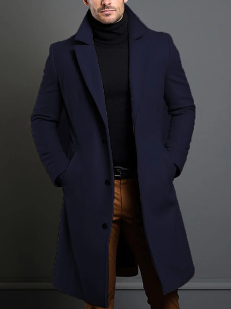 Sobretudo longo masculino azul marinho social com botões – Moda Origem