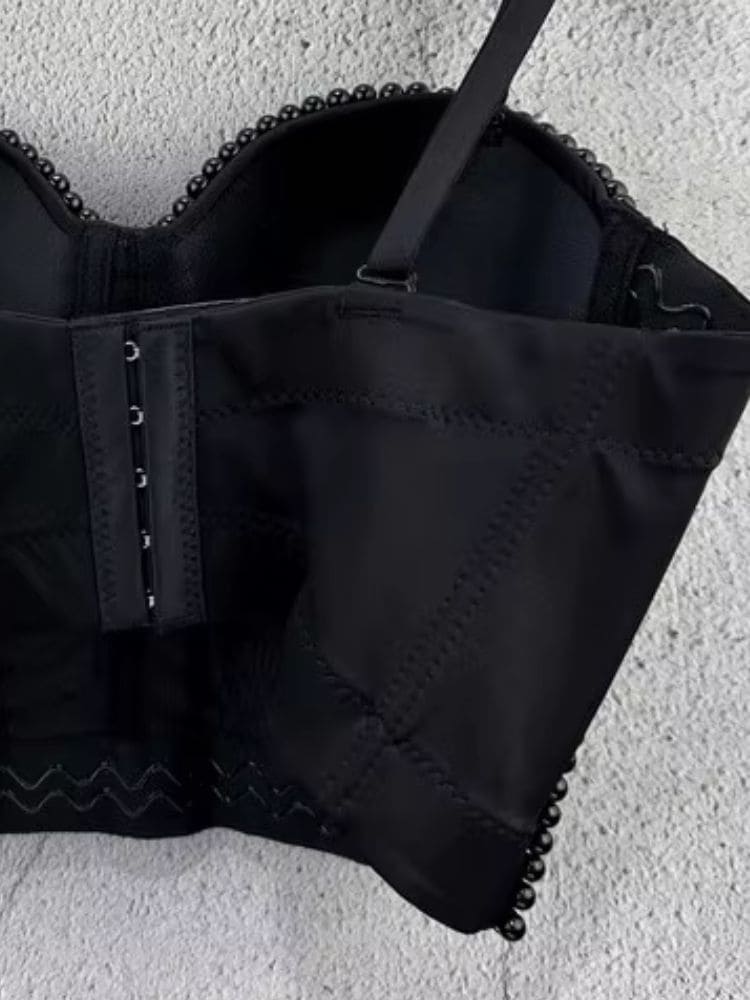 Top Cropped Festa com Pérolas Preto Moda Origem, design premium com decote redondo e ajuste reforçado