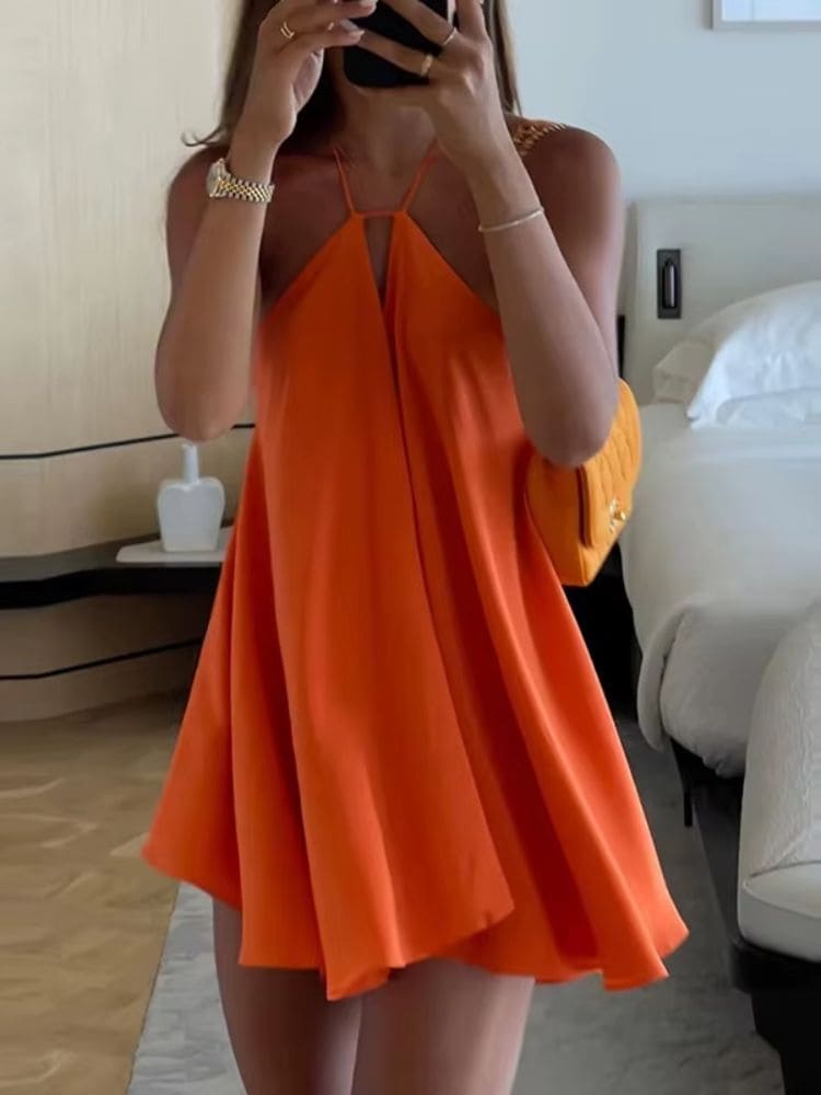 Vestido com babados laranja estilo soltinho para o verão da Moda Origem