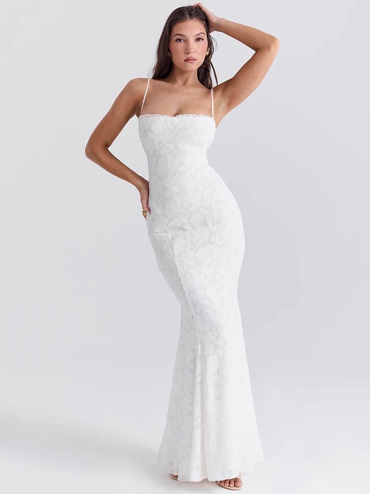 Vestido branco longo com renda, perfeito para casamento civil, formaturas ou festas. Moda Origem