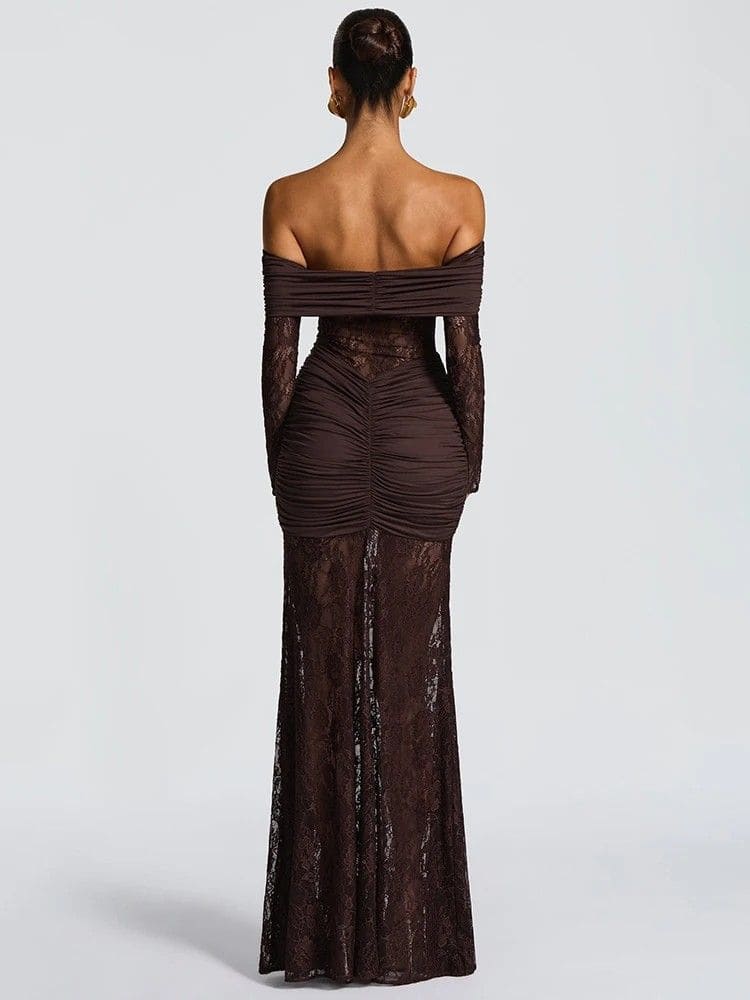 Parte de trás do vestido de festa marrom com renda delicada – Moda Origem
