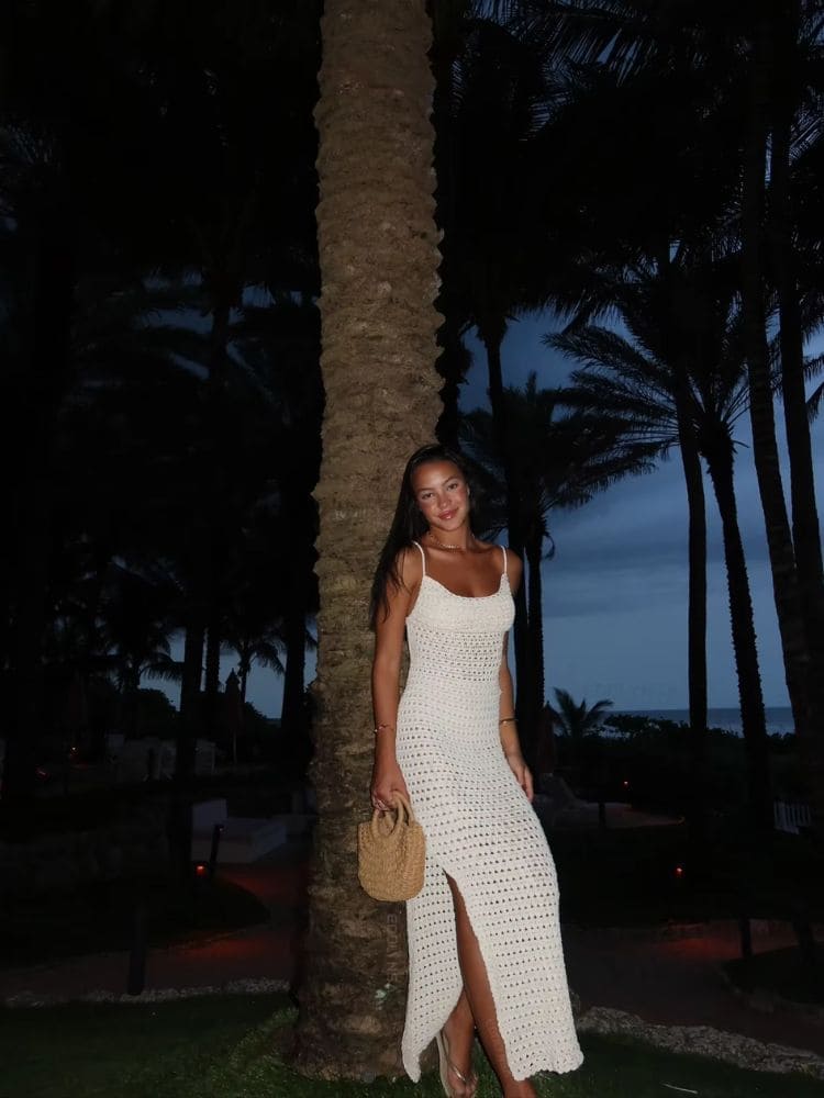 Vestido feminino de crochê artesanal longo estilo boho Moda Origem