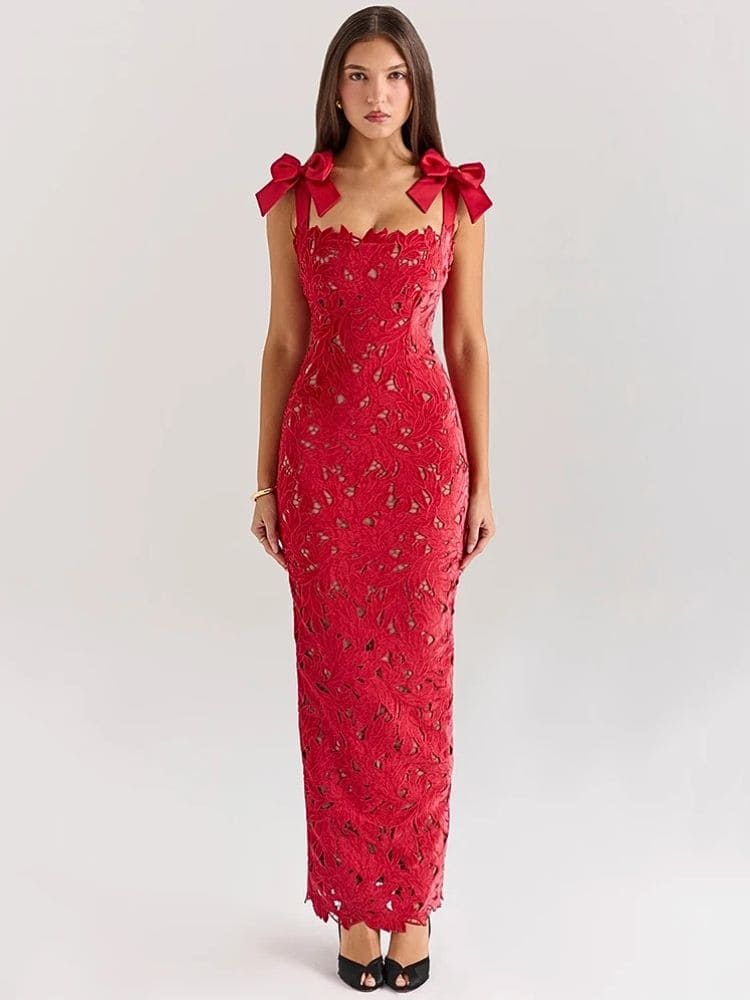 Vestido de festa longo de renda vermelho sofisticado para formaturas e casamentos – Moda Origem