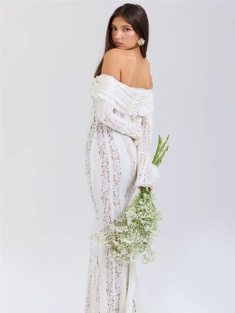 Vestido branco longo de renda para casamento civil Moda Origem