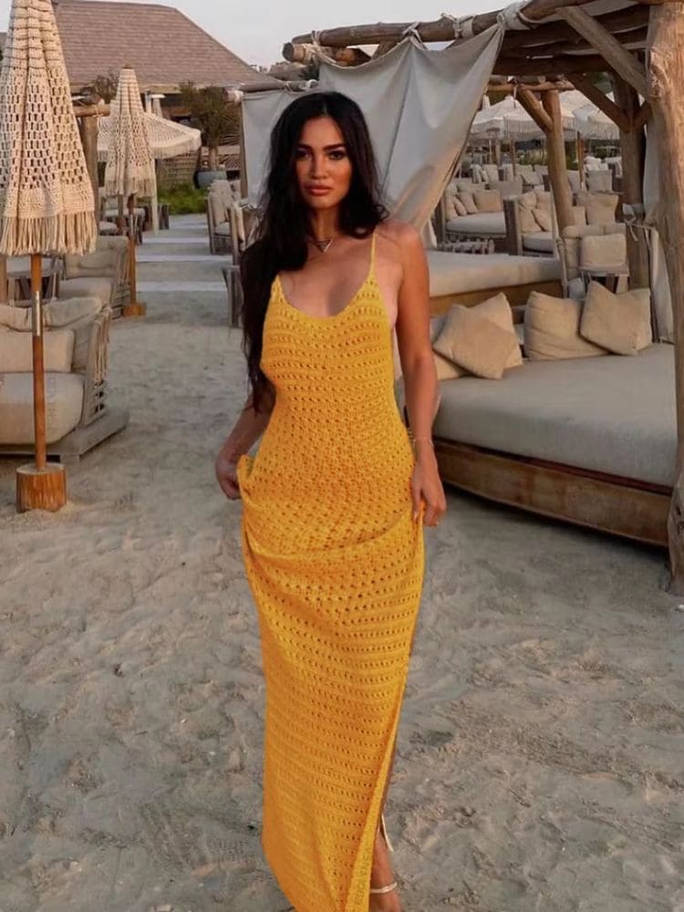 Vestido feminino longo de crochê amarelo Moda Origem para verão 2025