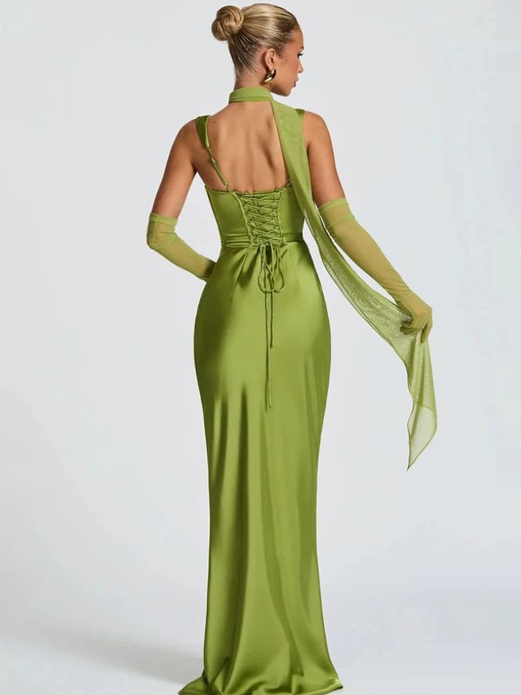 Vestido feminino verde longo de cetim com amarração nas costas Moda Origem