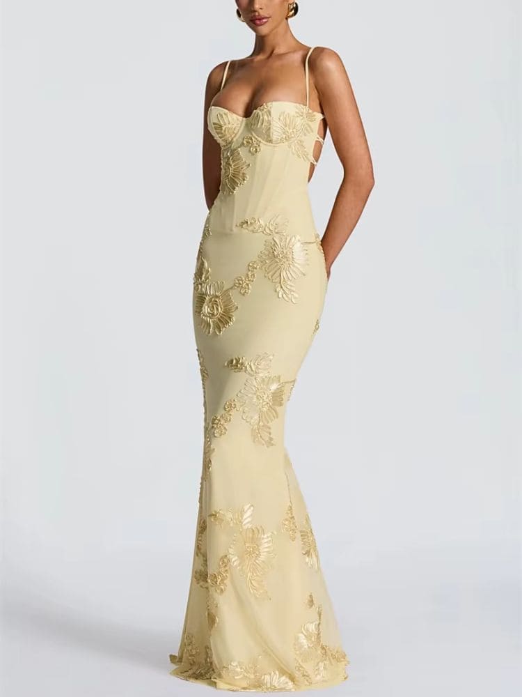 Vestido de festa floral amarelo com alça fina Moda Origem