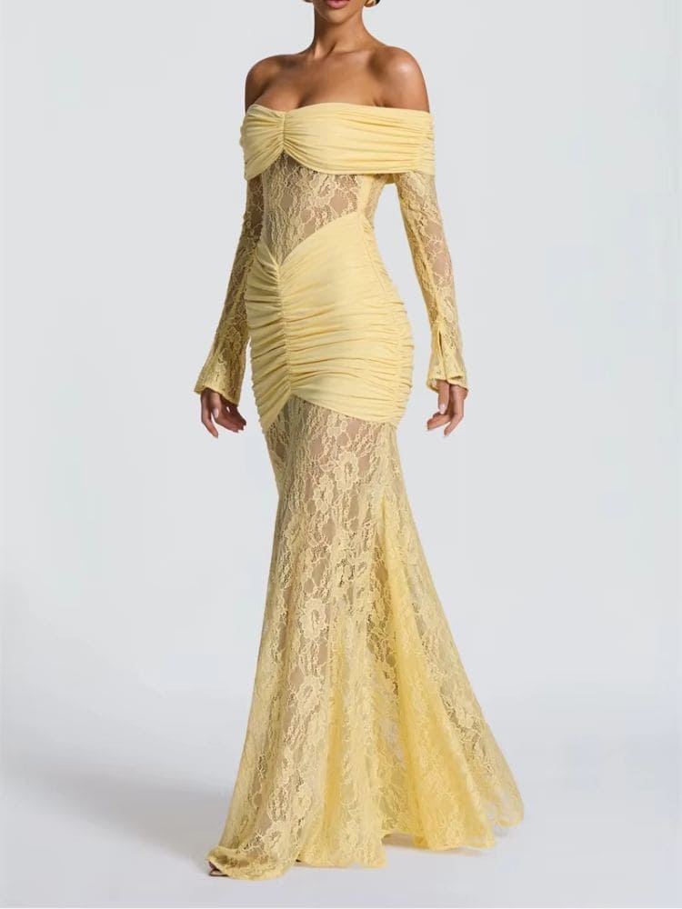 Vista lateral do vestido amarelo com renda e caimento elegante – Moda Origem