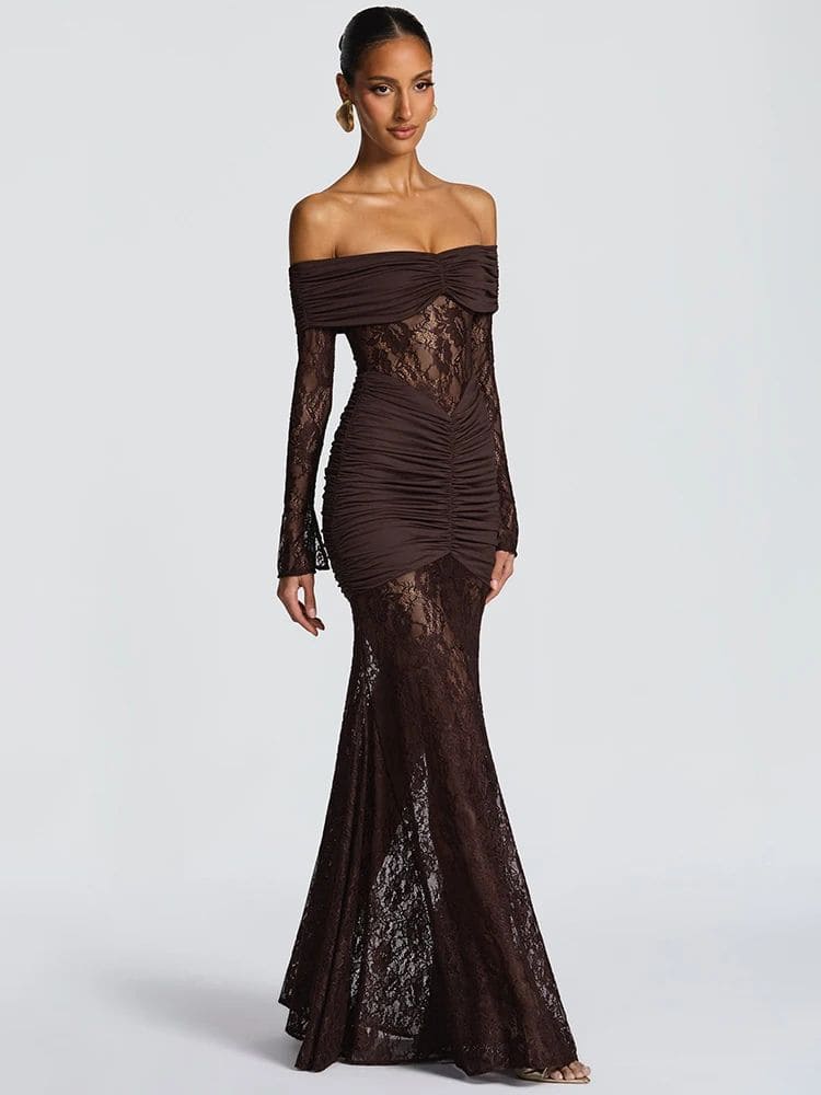 Vista lateral do vestido marrom com renda transparente – Moda Origem
