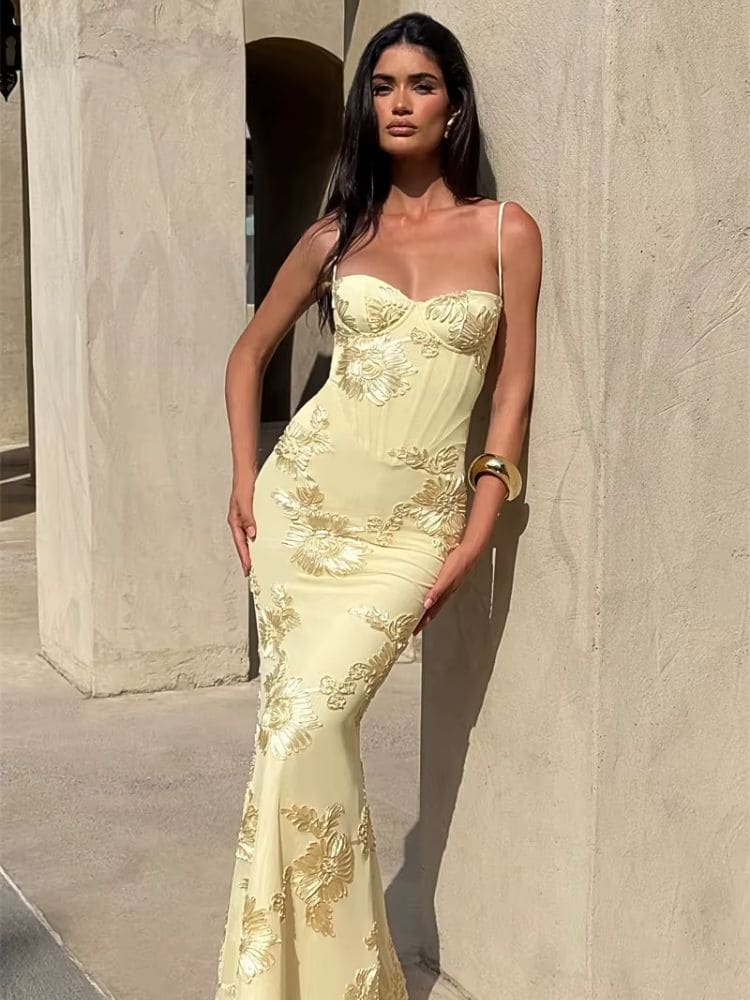 Vestido floral amarelo longo ideal para festas e eventos Moda Origem