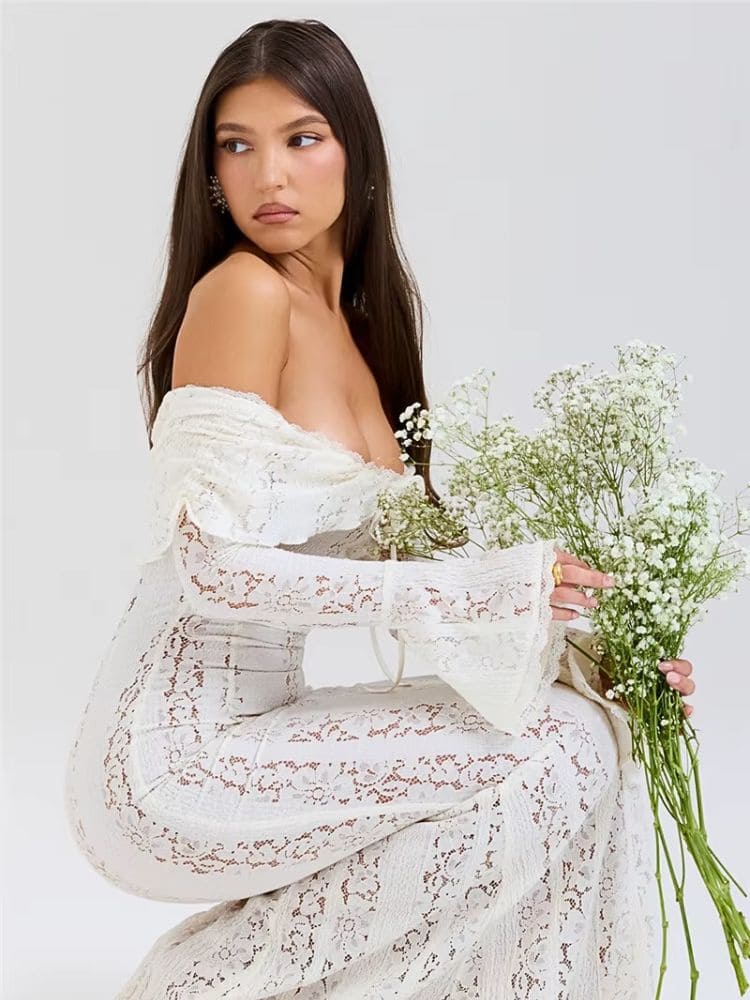 Vestido de festa branco longo em renda elegante Moda Origem
