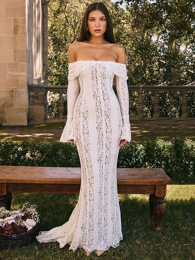 Vestido longo branco de renda ombro a ombro para casamento Moda Origem