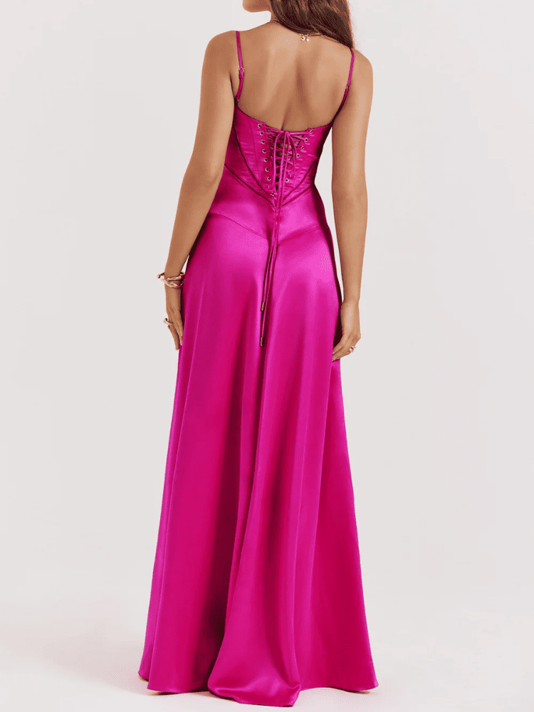 Costas com amarração estilo corselet do vestido longo de cetim Rosa– Moda Origem
