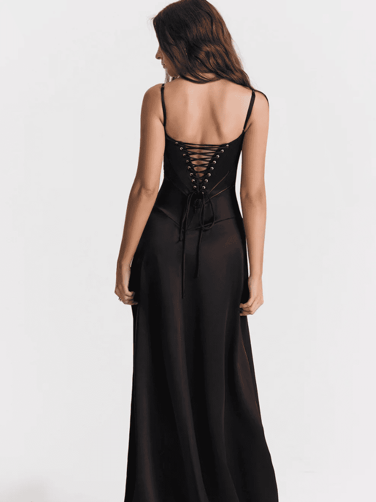 Vestido de cetim com alça fina para festa preto – Moda Origem