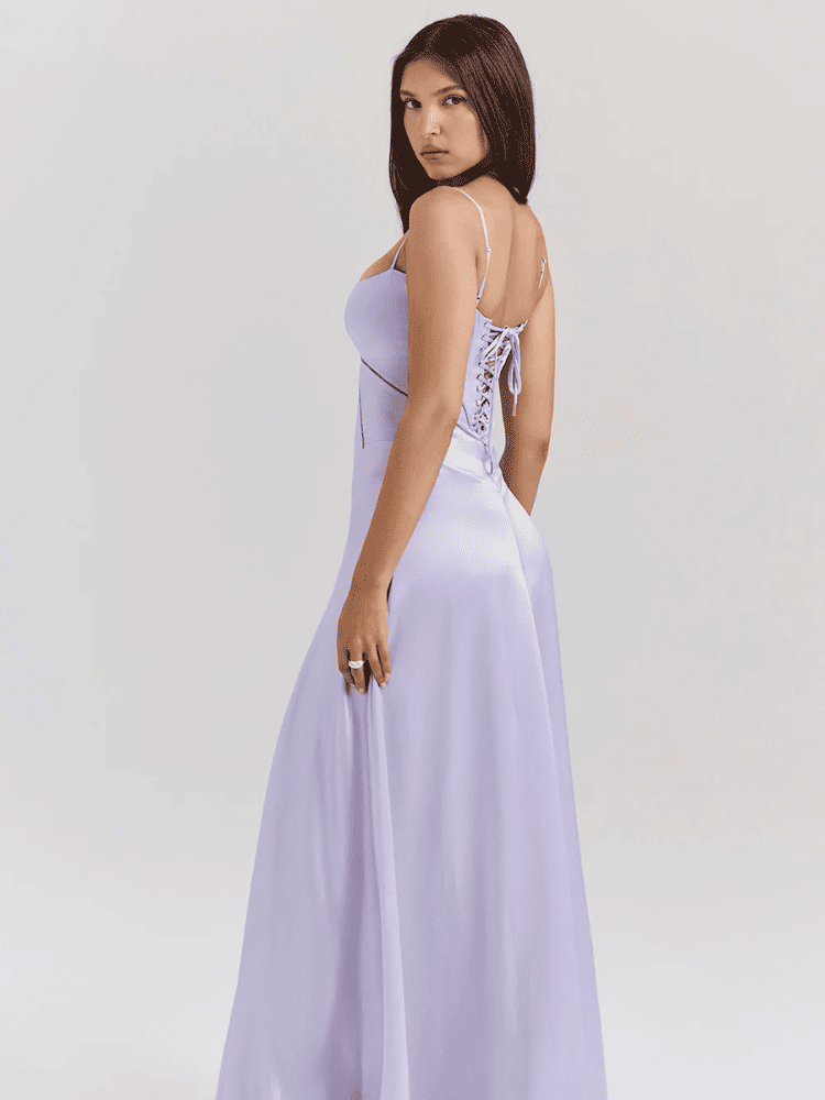 Vestido longo de cetim elegante para festa e casamento Lavanda –Moda Origem