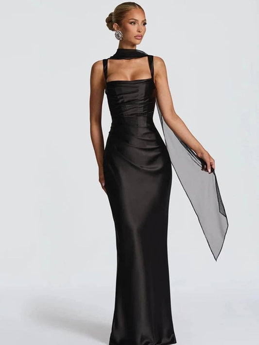 Vestido longo preto de cetim para festa com lenço sofisticado Moda Origem