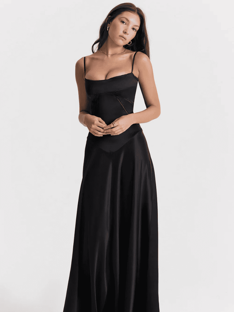 Vestido longo de cetim elegante para festa preto– Moda Origem