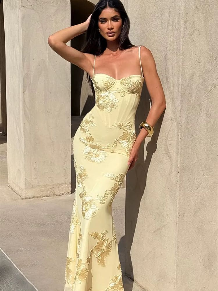 Vestido longo de festa amarelo floral com alça fina Moda Origem