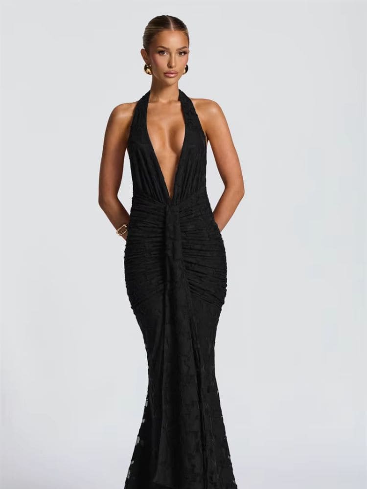 Vestido longo preto de festa com decote V e renda floral – Moda Origem