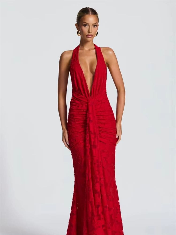 Vestido longo de festa vermelho com decote V profundo e modelagem slim – Moda Origem