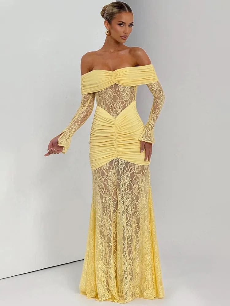 Vestido longo de festa amarelo com renda e ombro a ombro visto de frente – Moda Origem