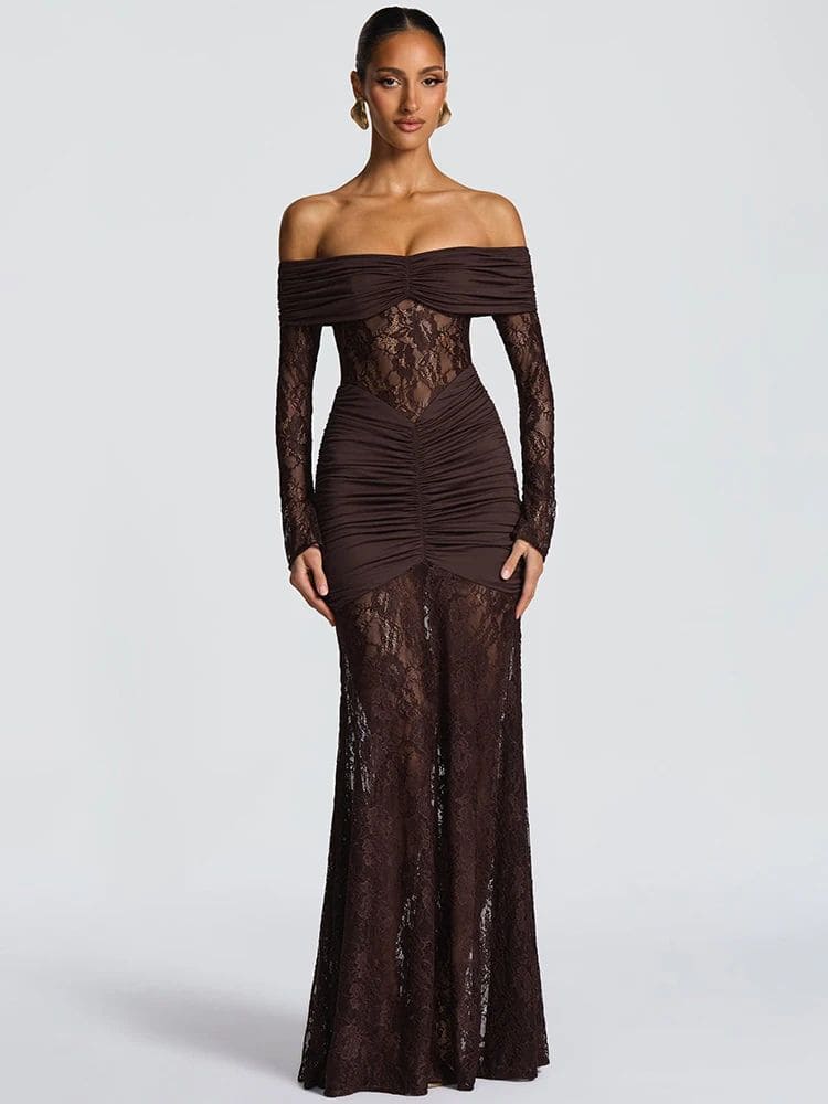 Vestido longo de festa marrom com renda e ombro a ombro visto de frente – Moda Origem