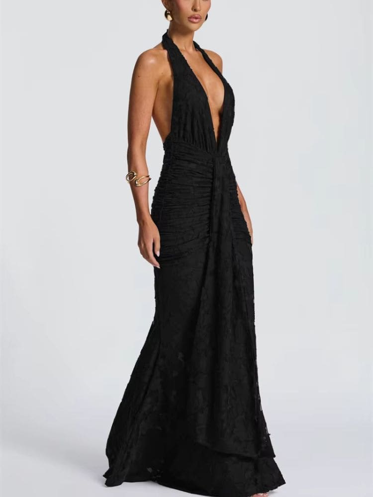 Saia plissada do vestido longo de festa preto com caimento fluido – Moda Origem