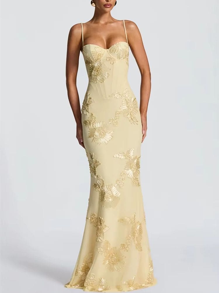 Vestido longo floral amarelo perfeito para casamentos Moda Origem