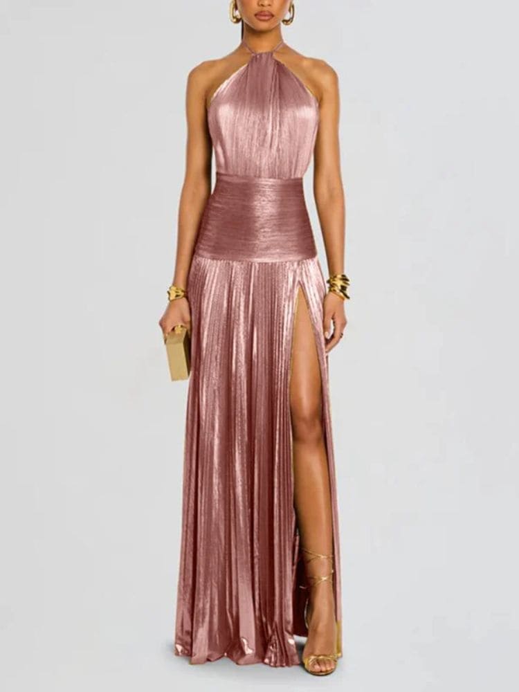 Vestido Longo Plissado Rosa Moda Origem – Vista frontal elegante para festa e formatura