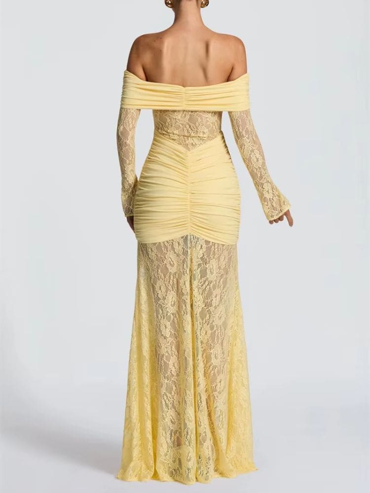 Parte de trás do vestido de festa amarelo com renda delicada – Moda Origem