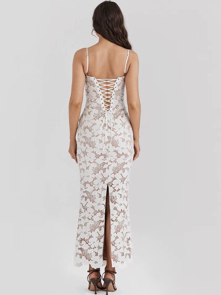 Vestido longo com costas abertas e amarração estilo corpete - Moda Origem