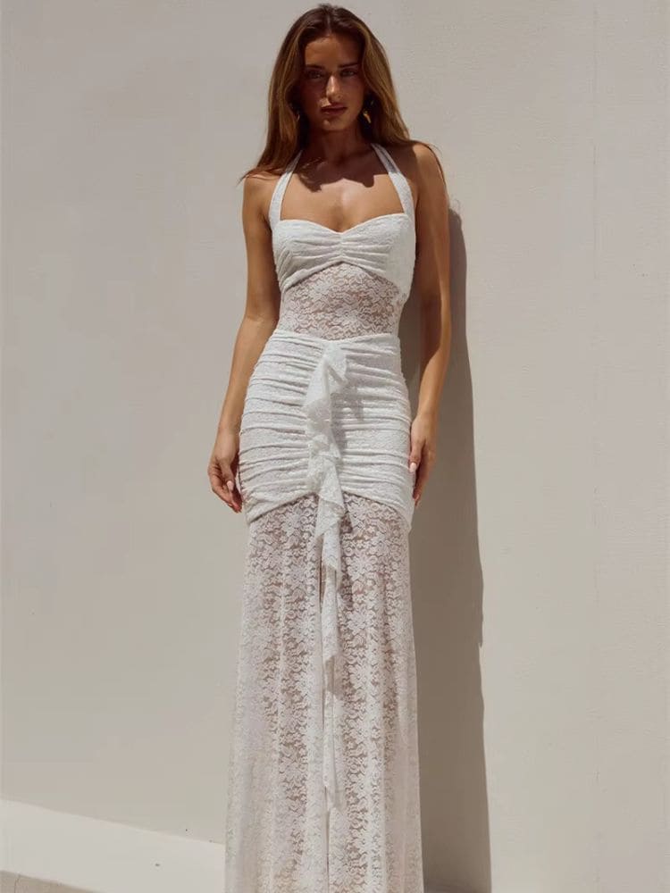 Vestido longo de renda branco com fenda, vista frontal - Moda Origem