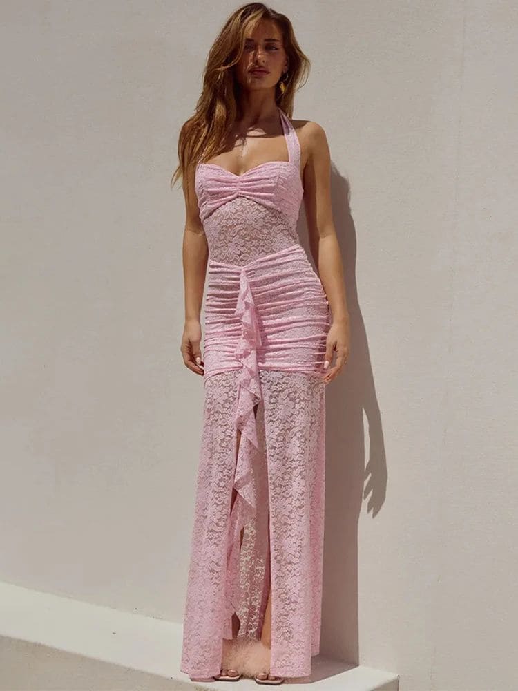 Vestido longo de renda rosa com fenda, vista frontal - Moda Origem