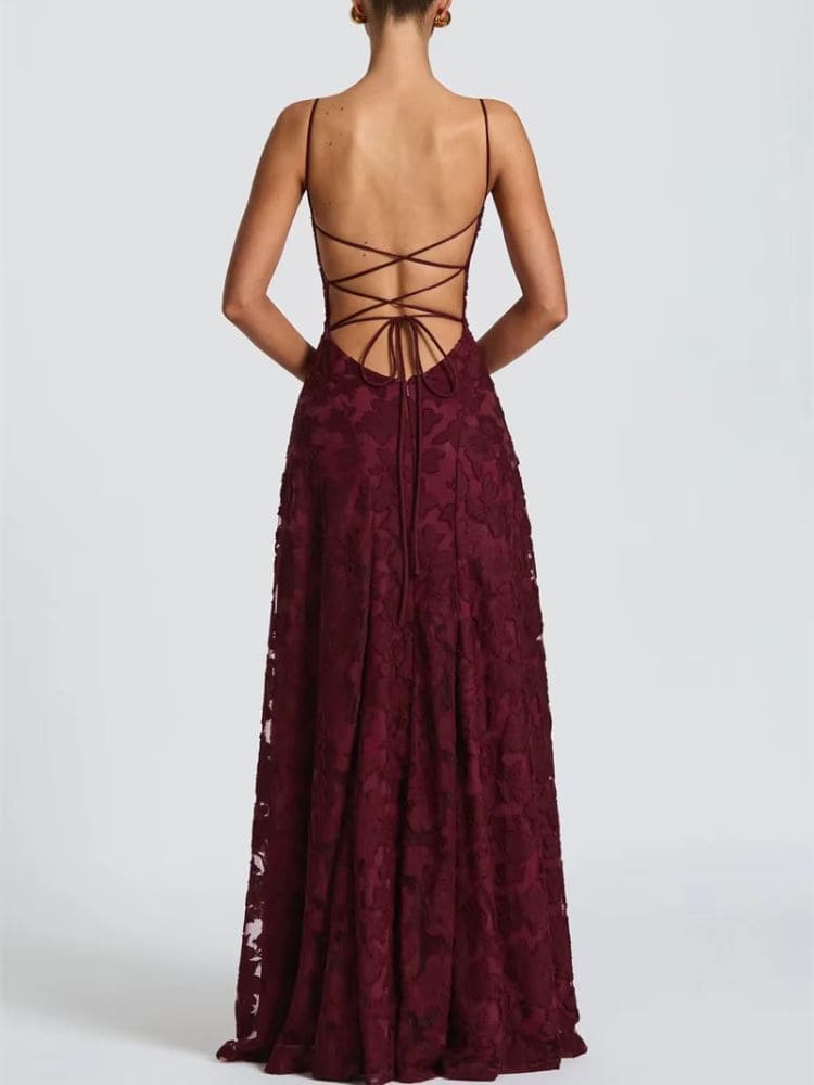 Vestido de festa vinho com amarração nas costas – renda floral – Moda Origem